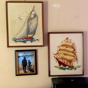 Needlepoint boats x 2, approx 16x20 circa 70s.